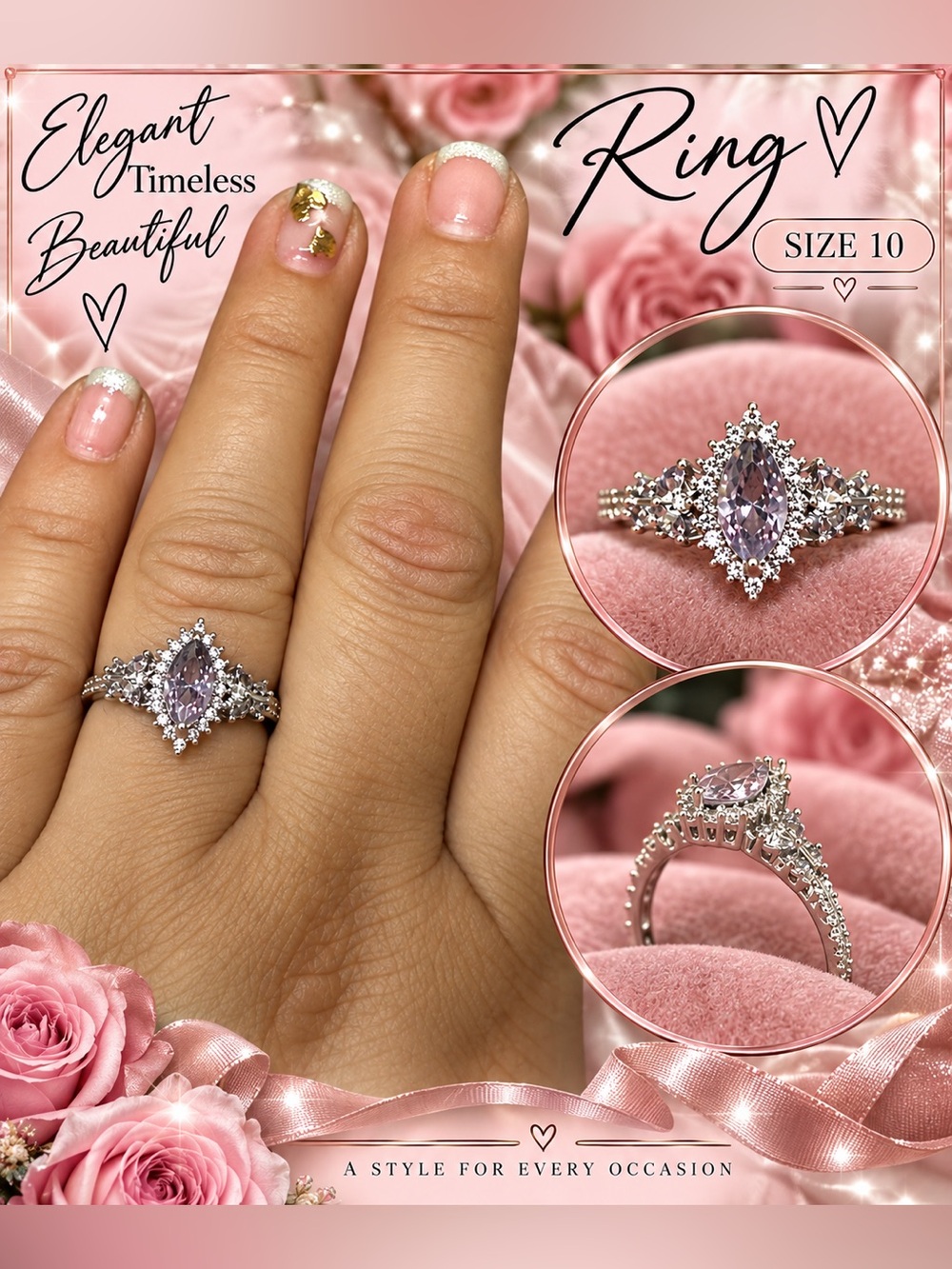 💜🆕💜925 Sterling Silver Lavender Marquise Halo Ring (Size 10)
